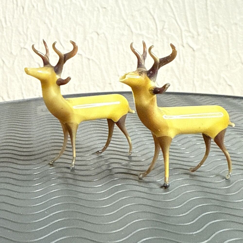 Vtg German Handblown Glass 4 Point Stag Figurine 2" Lot of 2 Amber Brown Bimini?